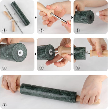 Koville African Natural Marble Rolling Pin, Non-Stick Polished Dough Roller, Pasta, Dumpling, Fondant, Pie Crust, Bread, Pizza Dough, Kitchen Baking Pastry Tools with Mat/Scraper（Namib Fantasy）
