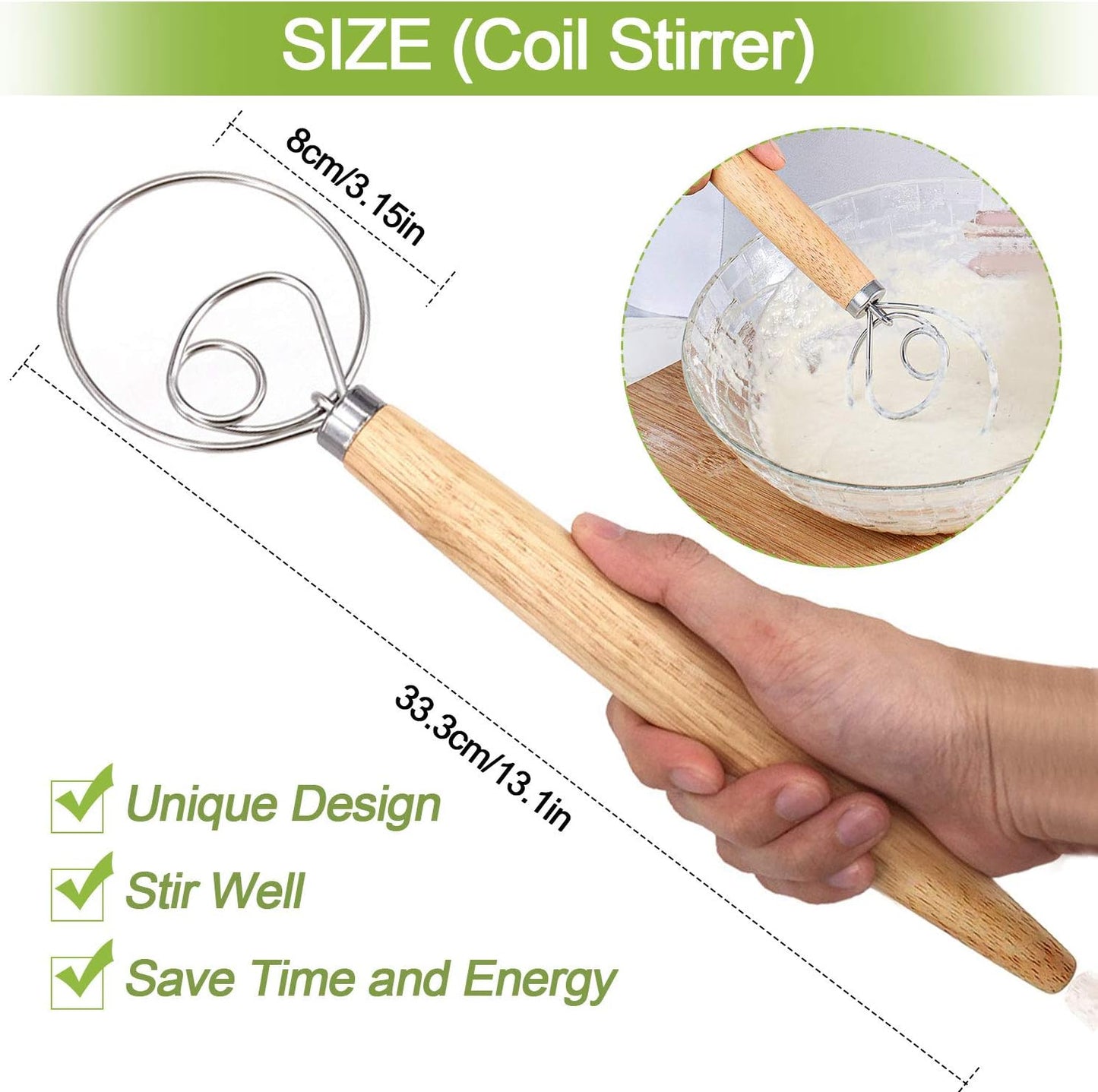 3PCS Danish Dough Whisks, Kalolary Premium Mixing Whisk Tools for Kitchen Baking Wooden Handle Stainless Steel Manual Dough Mixer Bread Cake Making(3 Size Included)