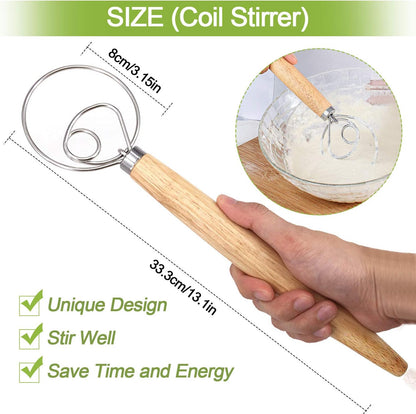 3PCS Danish Dough Whisks, Kalolary Premium Mixing Whisk Tools for Kitchen Baking Wooden Handle Stainless Steel Manual Dough Mixer Bread Cake Making(3 Size Included)