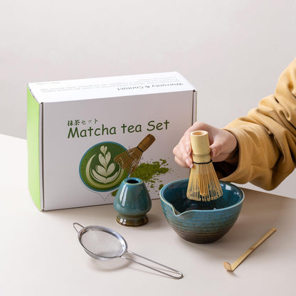 Traditional Matcha Tea Ceremony Set with Ceramic Bowl, Bamboo Whisk, Stand and Strainer, 5-Piece (yellow)