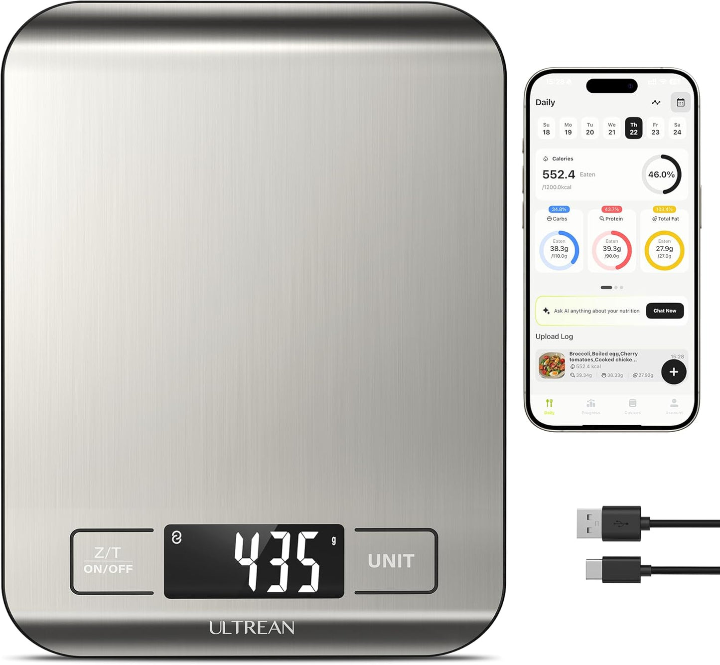 Ultrean Smart Food Kitchen Scale with Nutritional Calculator, App for Macro & Calorie Tracking, AI Scan, Digital Grams and Ounces for Weight Loss, Rechargeable, Stainless Steel, 33lb /15kg