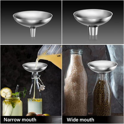 Serinar Stainless Steel Funnel, 2 Large and Small Mouth Filling Kitchen funnels, Liquids, fluids, Spices and Powders, Durable and Washable.