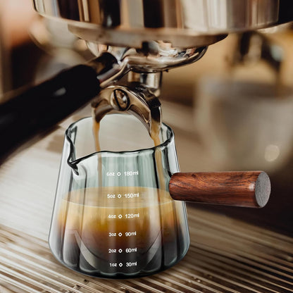 Joeyan 6 oz Glass Measuring Cups with Spout,Borosilicate Glass Triple Pitcher with Scale,Origami Style Espresso Shot Glasses with Wood Handle for Coffee Milk,Dishwasher Safe