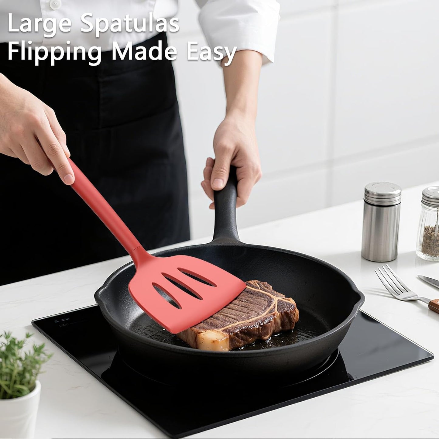 Coukre 3 Pack Silicone Spatula Set, High Heat Resistant, BPA-Free, Fish Spatula, Solid & Slotted Turner for Non-Stick Pans, Flipping Eggs, Pancakes, Fish, Burgers (3, PureBlack)