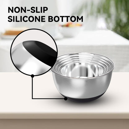 KITEISCAT Stainless Steel Mixing Bowls with Lids – Set of 5 Large Nesting Metal Bowls for Kitchen, Baking, Cooking, Food Prep & Storage, Non-Slip Base, Dishwasher Safe,Khaki