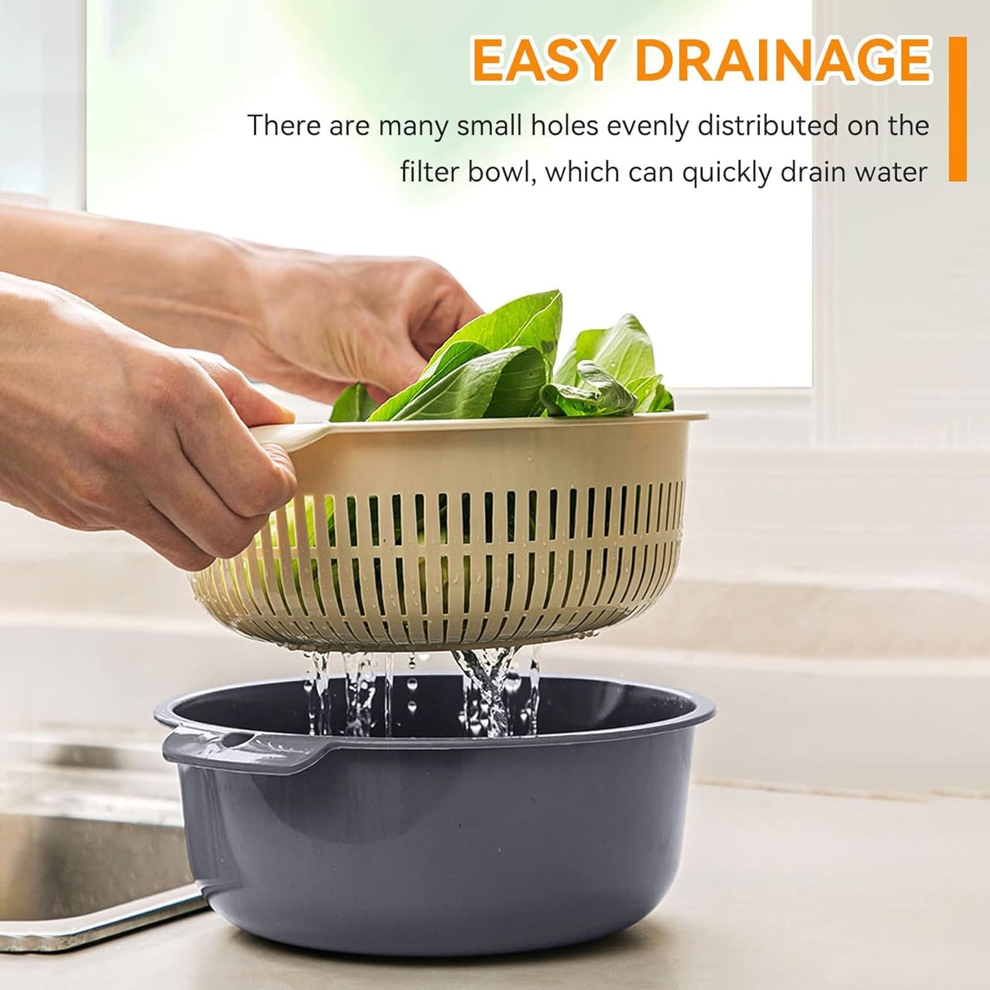 Kitchen Strainer Colander Bowl Sets, 2-in-1 Washing Bowl and Strainer Double-Layer Plastic Fruits Vegetable Washing Basket for Cleaning Washing Mixing(L-Round)