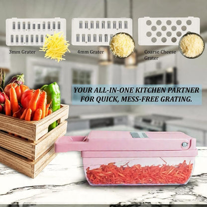 Kalmat Dynamics Food Chopper and Vegetable Slicer, 16-in-1 Multi-Function Kitchen Chopper with 7 Blades and Container, Free Black Cooking Apron (Pink+White)