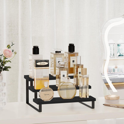 YINMIT Wooden Display Riser Stand, Tiered Perfume and Cologne Organizer Stand, 4 Tier Spice Rack Organizer, Rustic Display Shelf for Candles (4 Tier)