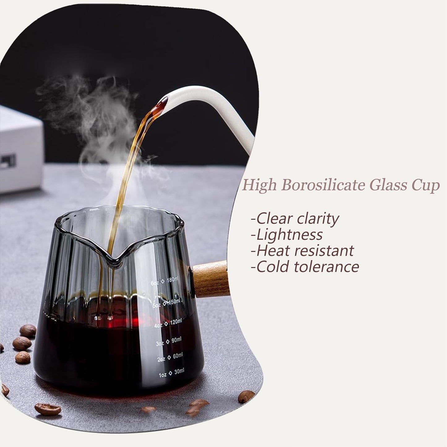 FANTESTICRYAN 6OZ Measuring Cup, Ribbed Borosilicate Glass Espresso Cup, V-Shaped Spout Drain Espresso Double Shots, Coffee Milk Tea Accessories (Clear, Glass Handle)