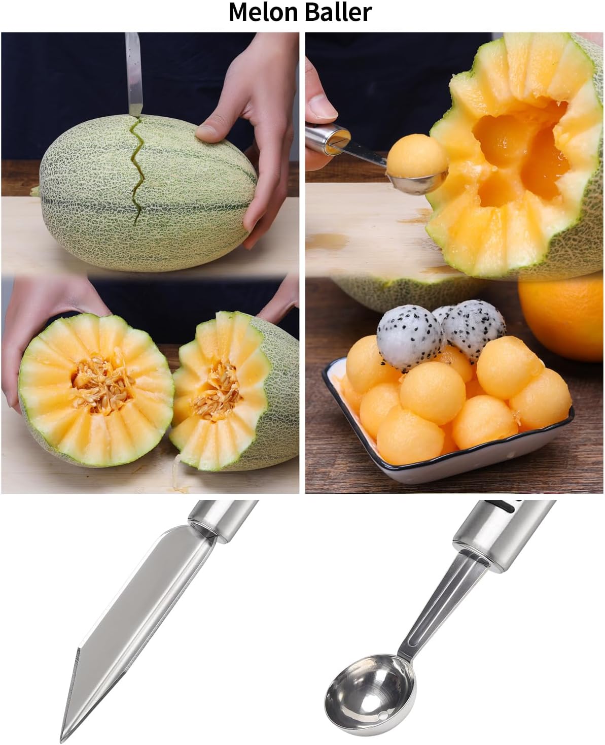 BURLIHOME Stainless Steel Fruit Carving Knife Set, 6 Pack Vegetable Engraving Blades for Kitchen, Melon Baller Scoop,Lemon Zester, Garnish Peeler,Crinkle Knife,V-shape Cutter