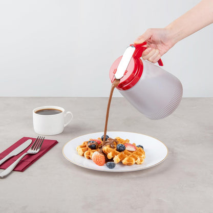 Restaurantware-Chef 101 48 Ounce All Purpose Syrup Dispenser, 1 Honey Dispenser - Beige Top, Stainless Steel Slide Cover, Plastic Pancake Syrup Bottle, Perfect For Diners, Restaurants, Home