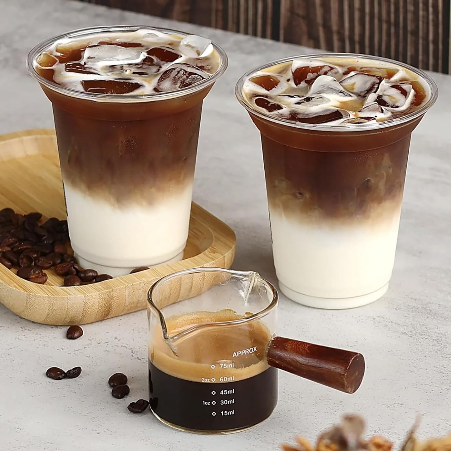 2 Pack Espresso Shot Glass With Wooden Handle, Accessories with Double Spouts Espresso Machine Accessories Coffee Bar Essentials Precise 75 Ml Coffee Measuring Cup