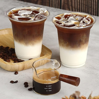2 Pack Espresso Shot Glass With Wooden Handle, Accessories with Double Spouts Espresso Machine Accessories Coffee Bar Essentials Precise 75 Ml Coffee Measuring Cup