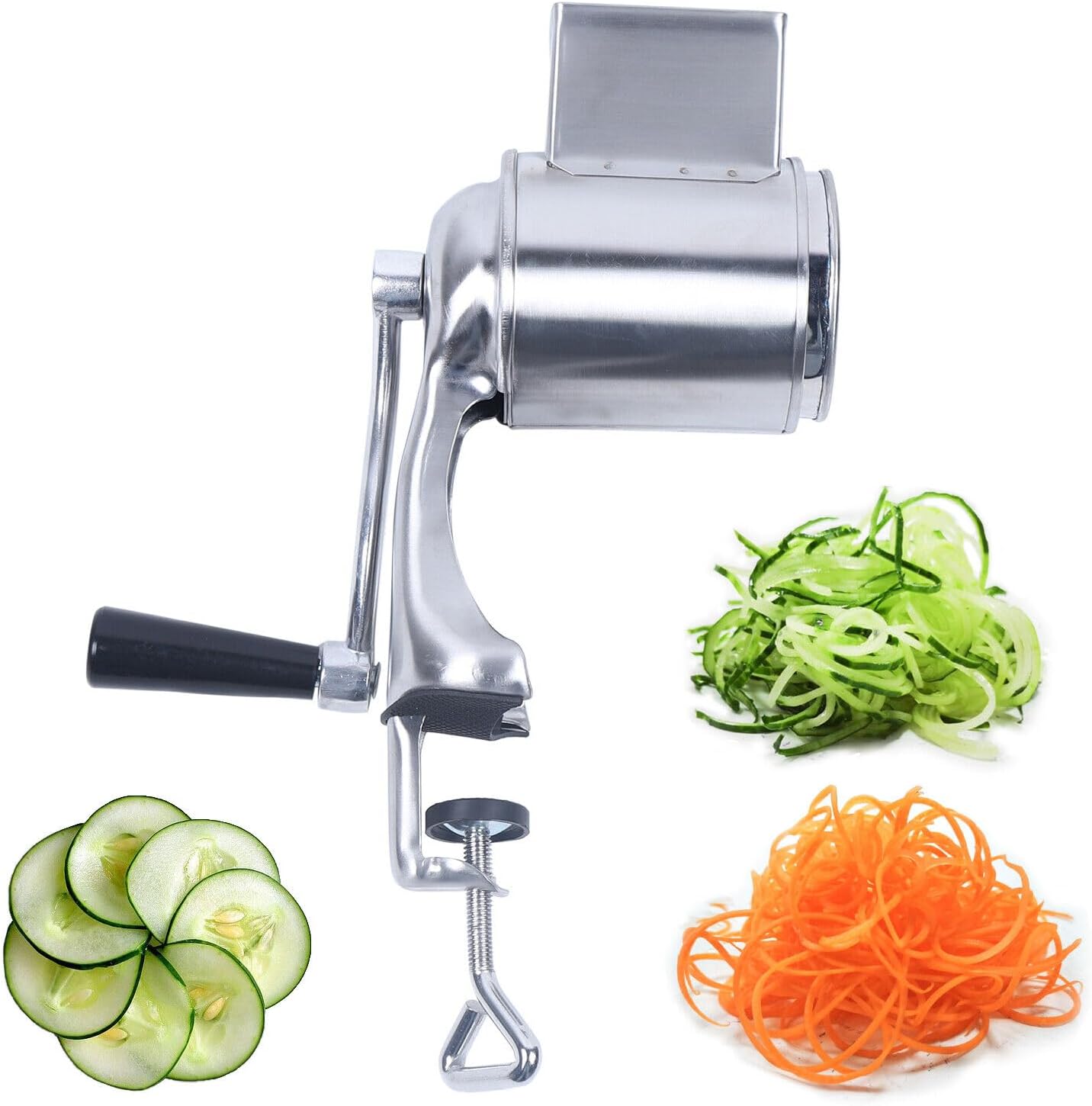 DYNAMI 5 in 1 Stainless Steel Rotary Grater,Kitchen Grater Vegetable Slicer,Cheese Rotary Chopper Food Mills With 5 Stainless Drum,for Home Kitchen Restaurant (Clamping type,Silver)