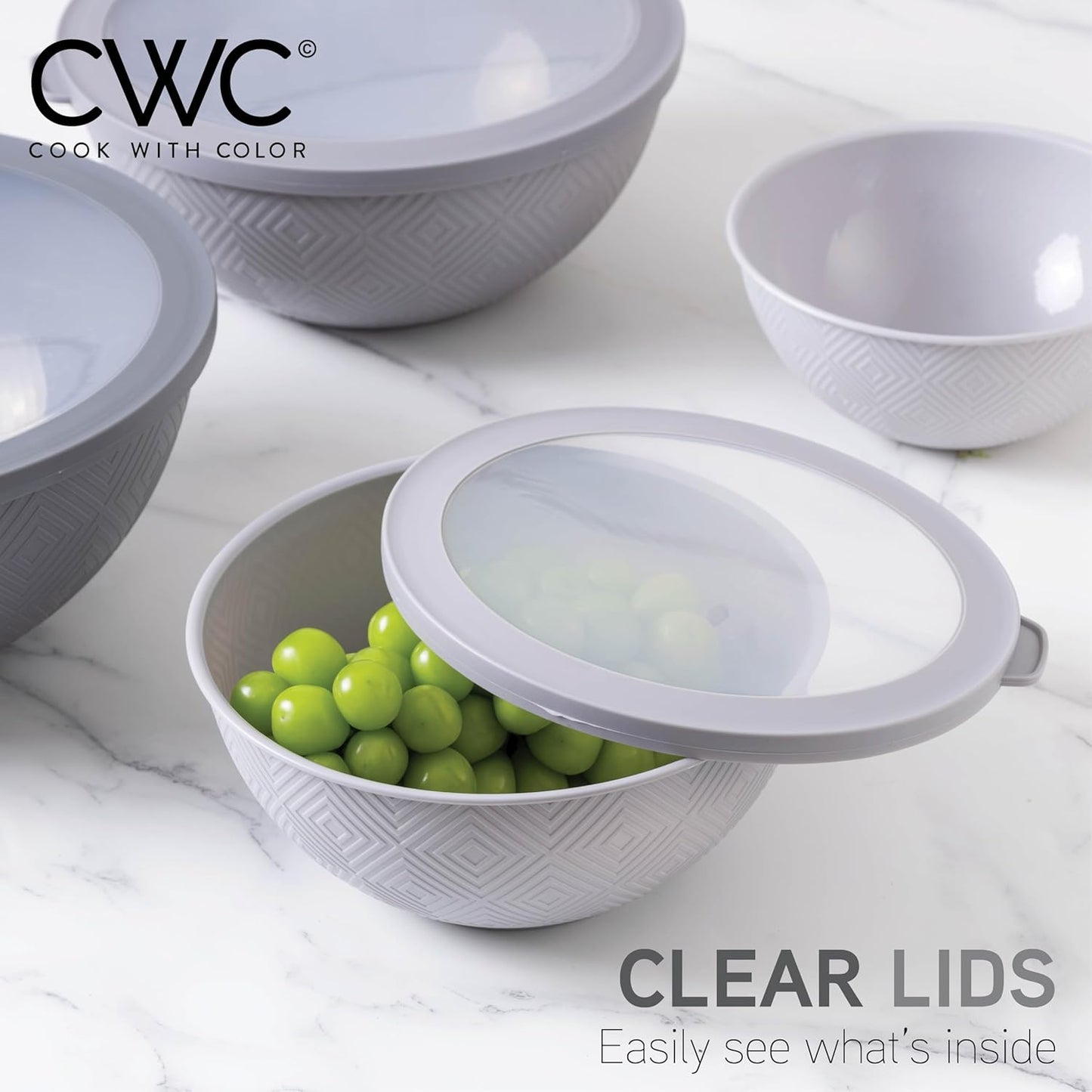 COOK WITH COLOR Mixing Bowls with Lids - 12 Piece Plastic Nesting Bowls Set includes 6 Prep Bowls and 6 Lids, Microwave Safe Mixing Bowl Set, Sage Embossed - Colors A