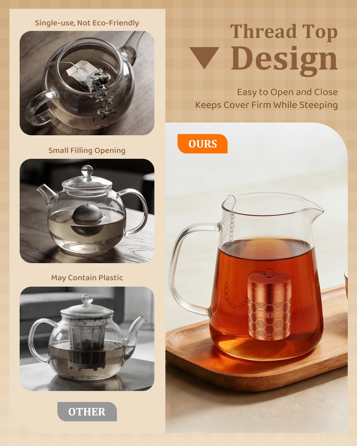 House Again Tea Infusers, Extra Fine Mesh Tea Strainers for Loose Tea, Updated Slim Threaded Lid & 304 Stainless Steel, Loose Leaf Tea Steeper for Brew Tea Spices & Seasonings