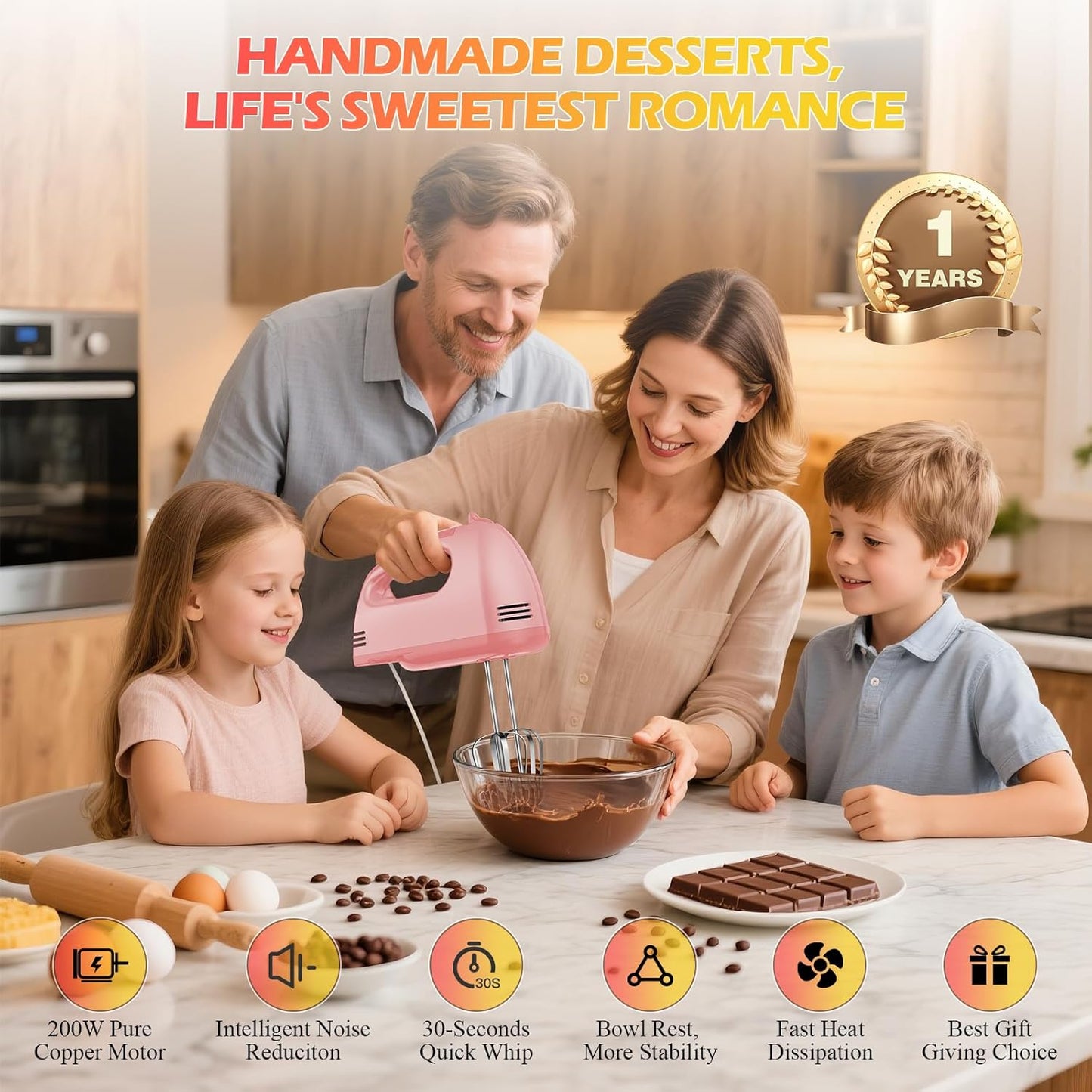 WADODO 7-Speed Electric Hand Mixer – Portable Food Mixer Kitchen Mixer with 304 *(1x Whisk, 2x Beater, 2x Dough hook) for Baking Cakes, Cream, Cookies, Light Pink