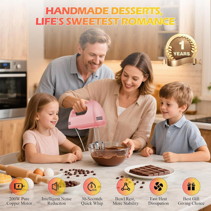 WADODO 7-Speed Electric Hand Mixer – Portable Food Mixer Kitchen Mixer with 304 *(1x Whisk, 2x Beater, 2x Dough hook) for Baking Cakes, Cream, Cookies, Light Pink