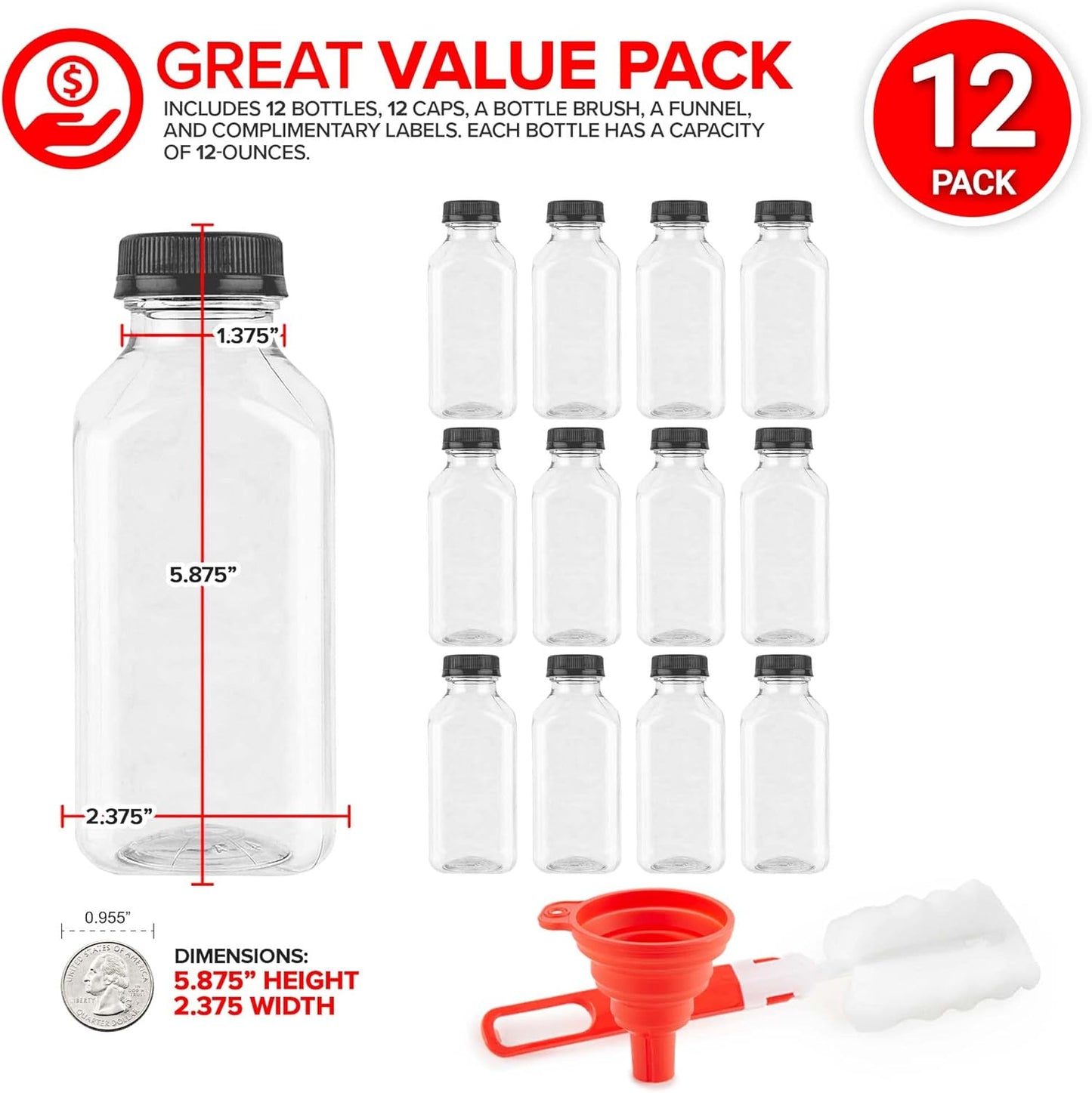 12 oz Juice Bottles with Caps for Juicing (12 pack) - Reusable Clear Empty Plastic Water Bottles - Drink Containers for Mini Fridge, Juicer Shots Includes Labels, Brush & Funnel