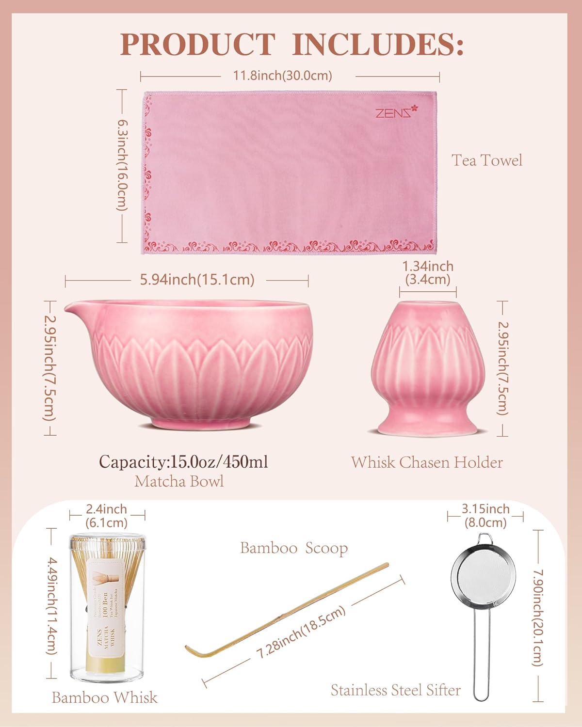 ZENS Pink Matcha Set, Matcha Whisk Set Includes 15oz Ceramic Bowl & (Chasen Holder), Bamboo Whisk & Scoop, Sifter and Pink Tea Towel, 6pcs Matcha Kit for Matcha Lovers