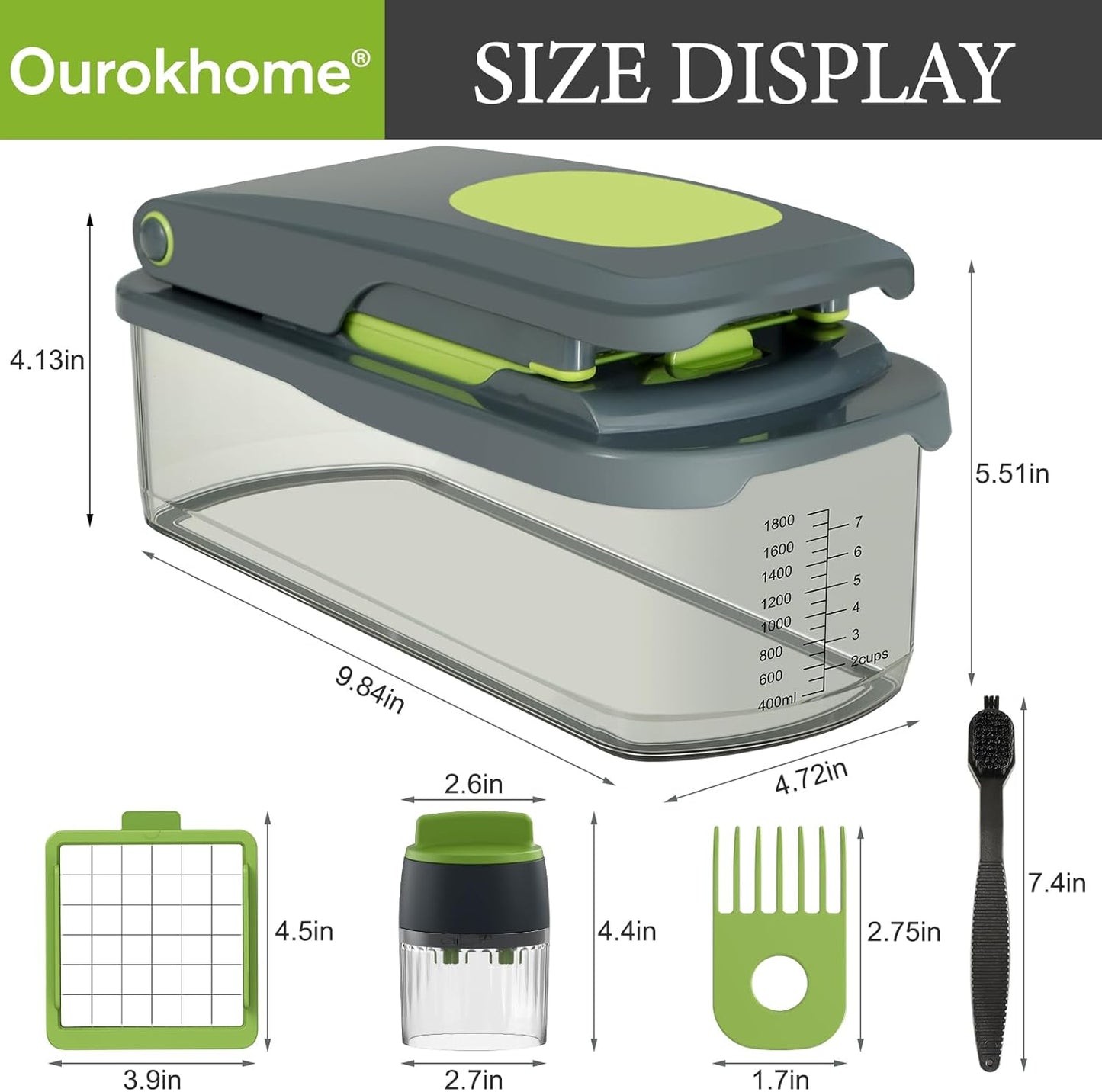 Ourokhome Veggie Chopper and Dicer with Container, Manual Hand Food Mandolin Slicer with 4 in 1 Handheld Vegetable Spiralizer for Zucchini, Potato, Onion, Essential Kitchen Gadgets (12 in 1, Gray)