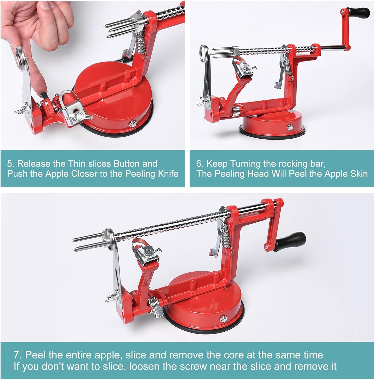 Apple Peeler Corer, Apple Peeler, 3 in 1 Peel Slice Remove Core, with Suction Base Suitable for Apples, Pears, Potatoes, Carrots (Red)