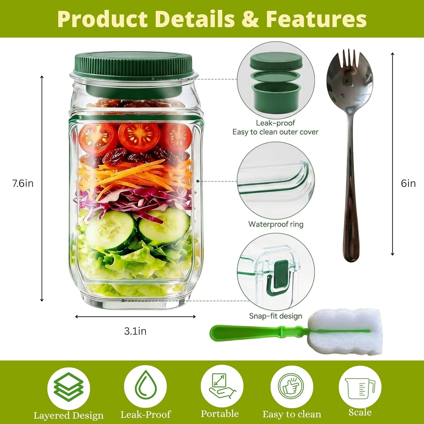 Salad Pod Mason Jar Side Open For Office, Travel, Gym & Picnic With Dressing Cup & Lid - Leak Proof Salad Container For Lunch - Safe, User-Friendly & Easy Clean Salad Jar With Side Opening ( Pink )