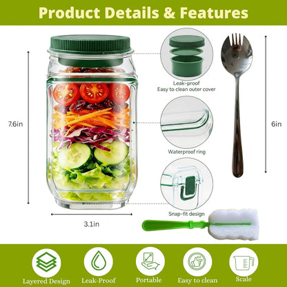 Salad Pod Mason Jar Side Open For Office, Travel, Gym & Picnic With Dressing Cup & Lid - Leak Proof Salad Container For Lunch - Safe, User-Friendly & Easy Clean Salad Jar With Side Opening ( Pink )
