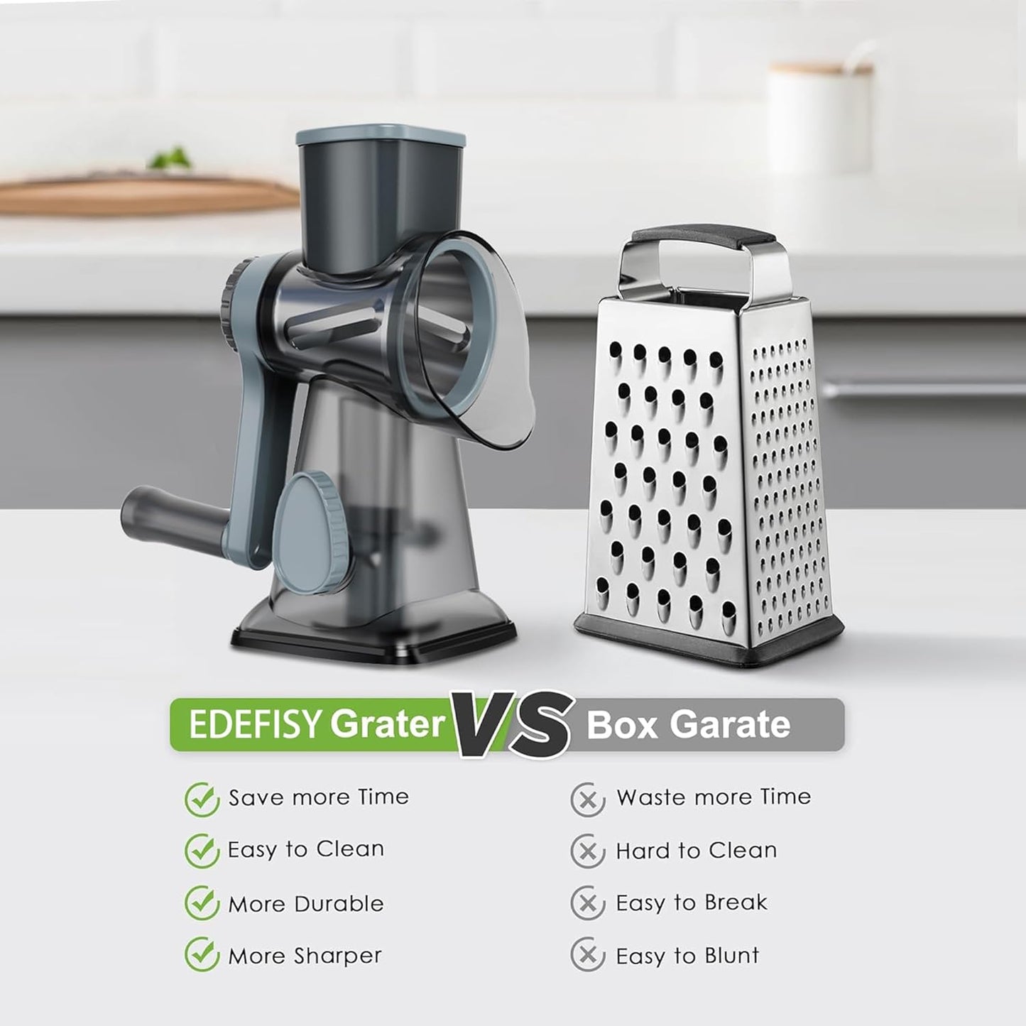 Cheese Grater Hand Crank Rotary Vegetables Shredder with Handle, 3-in-1 Graters with Interchangeable Blades and Non-slip Base Multifunctional Slicer for Kitchen