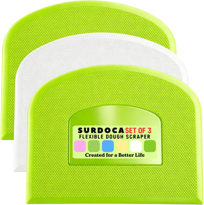 SURDOCA Dough Scraper Bench Scraper - 3P 4.7x3.7" Plastic Flexible Bowl Scraper, Sharp Edge & Angles Cake Scraper. Non-Slip Bakeware Decorating Tools Sculpting & Modeling Tools - Green+White+Green - Colors B