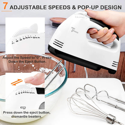 Showvigor Electric Hand mixer - 7 Adjustable Speed 180W Handheld Mixer Electric Whisk with 5 Stainless Steel Accessories, Turbo Boost/Self-Control Speed + Eject Button Food Beater for Cakes Eggs
