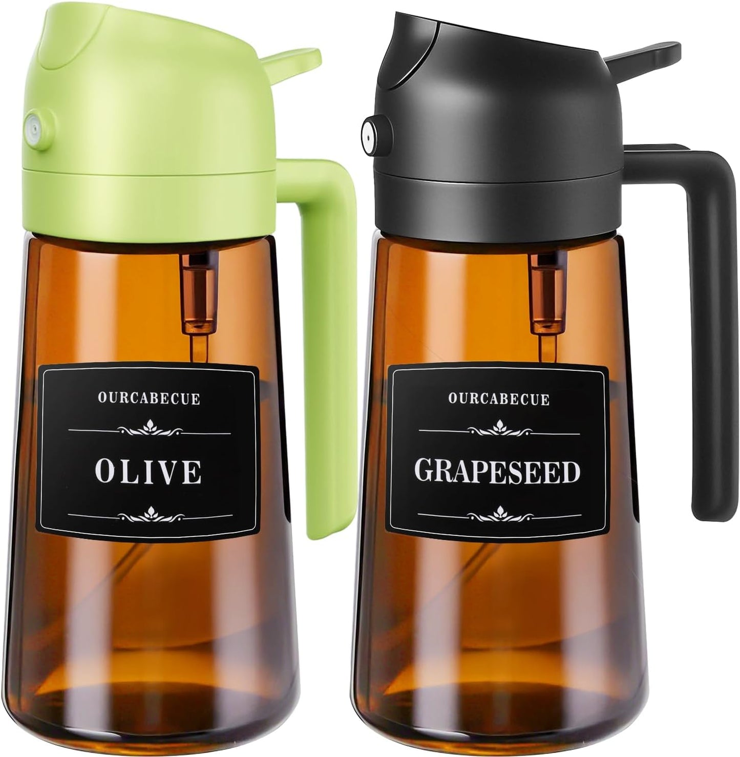 OURCABECUE 2 in 1 Olive Oil Sprayer for Cooking, 16oz/470ml Light-Blocking Dark Olive Oil Dispenser Bottle for Kitchen, Food-Grade Glass Oil Mister with 8 Oil Stickers