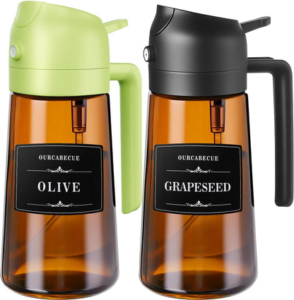 OURCABECUE 2 in 1 Olive Oil Sprayer for Cooking, 16oz/470ml Light-Blocking Dark Olive Oil Dispenser Bottle for Kitchen, Food-Grade Glass Oil Mister with 8 Oil Stickers