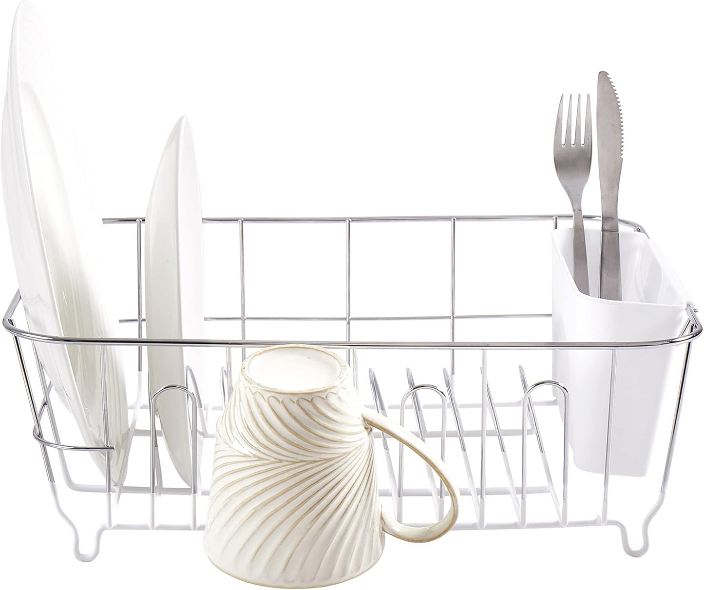 Dish Drying Rack & Cutlery Holder 2 Piece Set - Compact Sink-Fitting Dish Drainer with Rubberized Undercoating, Space-Saving Kitchen Organizer for Plates, Cups, Bowls & Utensils in Sink, Silver