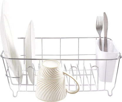 Dish Drying Rack & Cutlery Holder 2 Piece Set - Compact Sink-Fitting Dish Drainer with Rubberized Undercoating, Space-Saving Kitchen Organizer for Plates, Cups, Bowls & Utensils in Sink, Silver