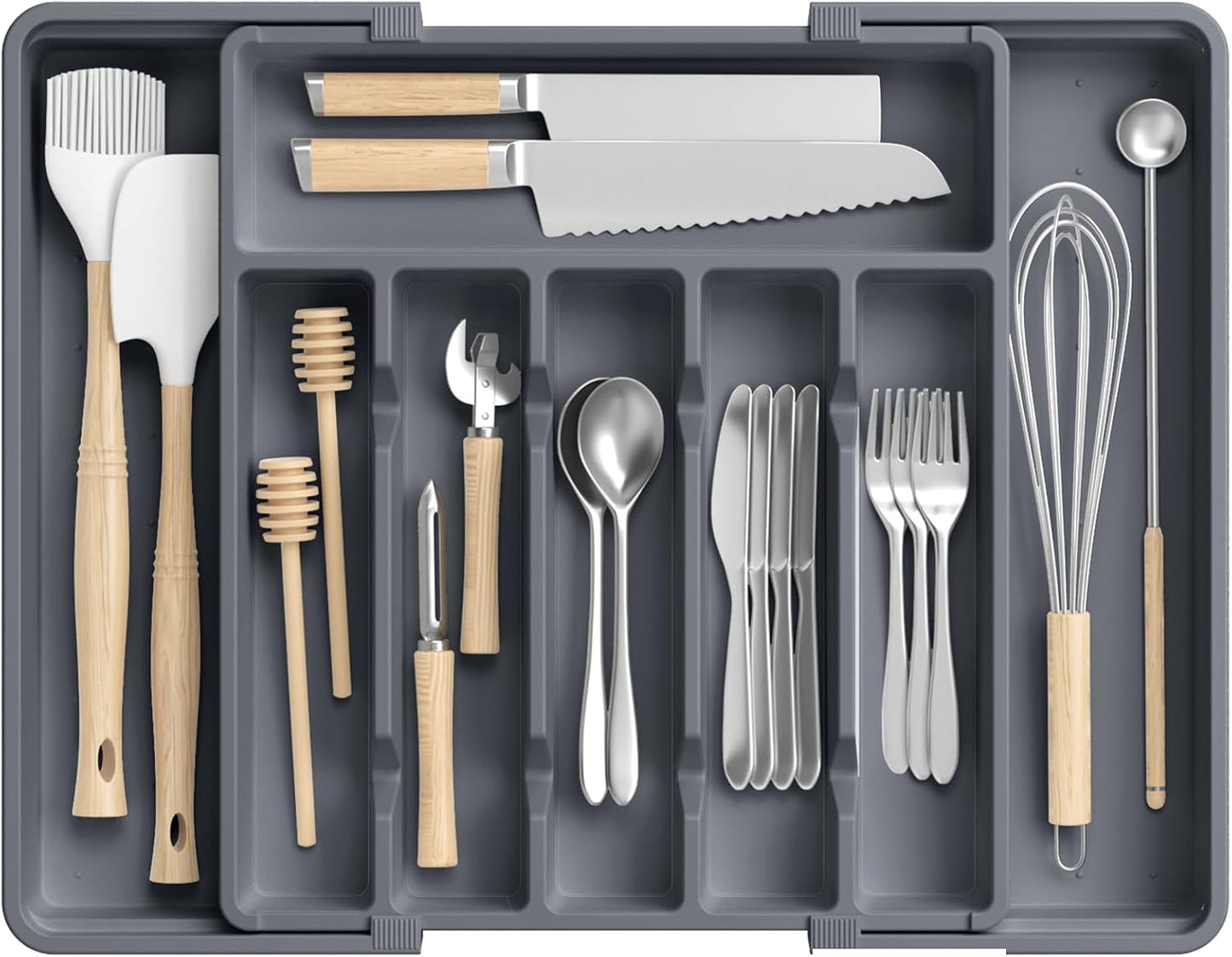RoomHacks Large Silverware Organizer,Expandable Utensil Drawer Organizer,BPA Free Utensil Holder,Adjustable Silverware Tray Cutlery Drawer Organizer for Kitchen Flatware,Large,Black (6-8 Slots)