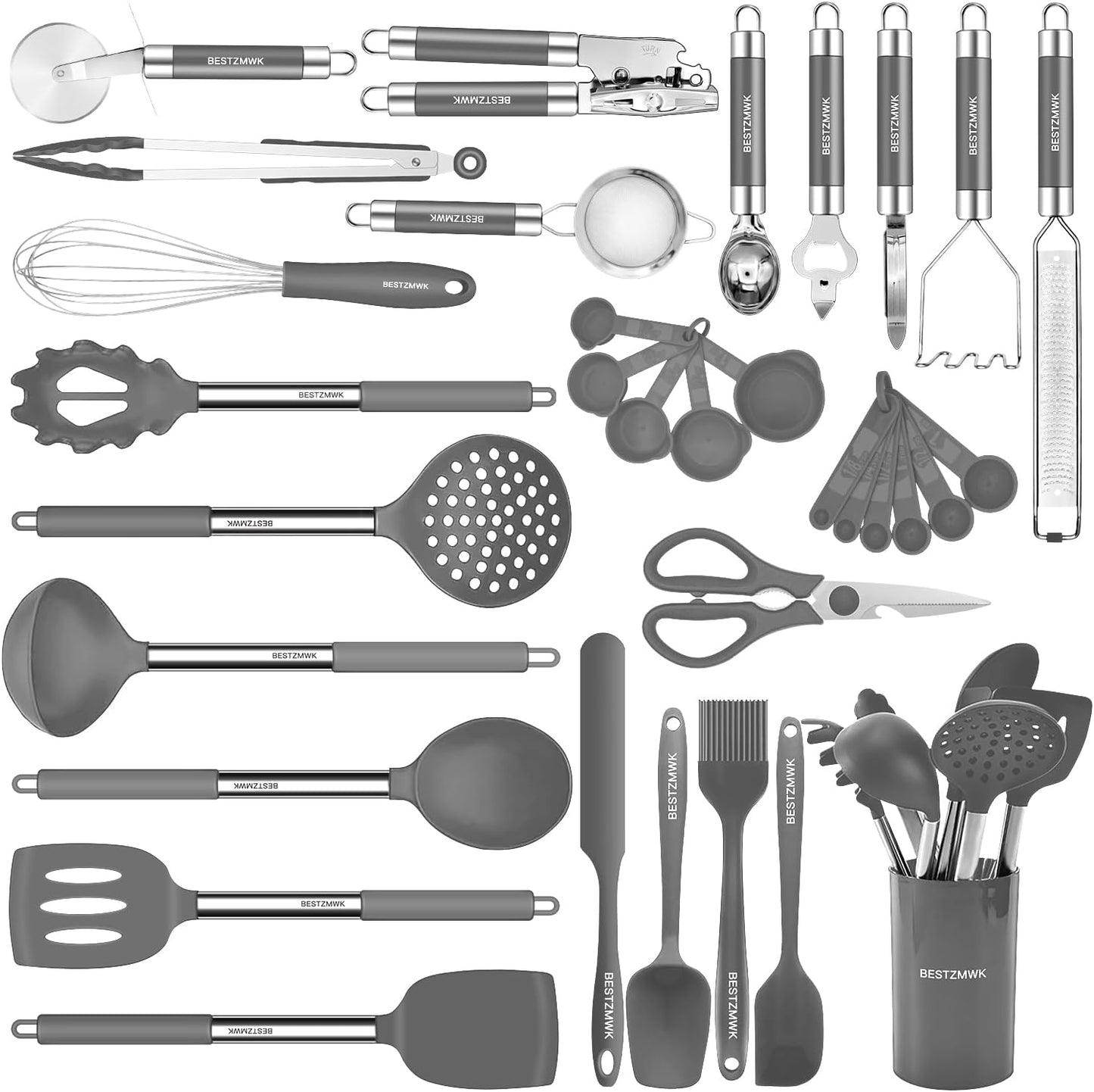 Kitchen Utensils Set-Silicone Cooking Utensils-32 pcs Non-Stick Silicone Cooking Kitchen Utensils Spatula Set with Holder-Best Kitchen Cookware with Stainless Steel Handle (Black)