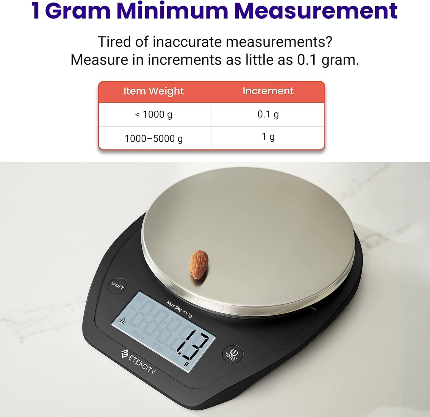 Etekcity 0.1g Food Kitchen Scale, Bowl, Digital Grams and Ounces for Weight Loss, Dieting, Baking, Cooking, and Meal Prep, 11lb/5kg, Stainless Steel Silver