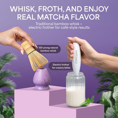 Matcha Whisk Set With Ceramic Matcha Bowl, Bamboo Whisk & Holder, Stainless Steel Spoon & Sifter, Glass Cup & Straw, Electric Frother, Storage Bag - Gift for Matcha Lovers (Premium 9-Piece Set White)