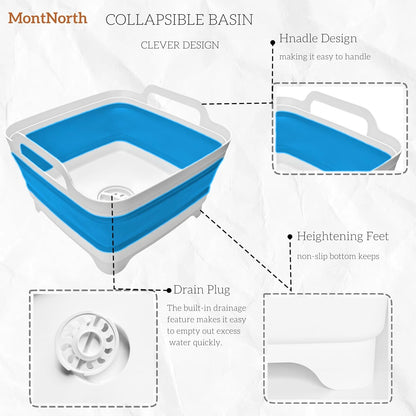 MontNorth Collapsible Wash Basin 9L, Foldable Dish Tub with Drain Plug, Portable Collapsible Dish Basin, Camping Sink for Washing Dishes, Laundry & Kitchen Use,Gray