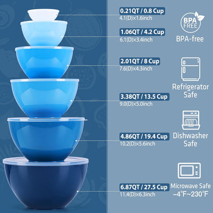 LUXEAR 14 Piece Mixing Bowls with Lids Set, Super Large(6.87-0.21QT) Plastic Nesting Bowls 6 Prep Bowls 6 Lids 2-in-1 Spoon-For Microwave Dishwasher Safe for Preparing Mixing Serving Storing
