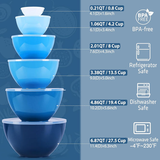 LUXEAR 14 Piece Mixing Bowls with Lids Set, Super Large(6.87-0.21QT) Plastic Nesting Bowls 6 Prep Bowls 6 Lids 2-in-1 Spoon-For Microwave Dishwasher Safe for Preparing Mixing Serving Storing