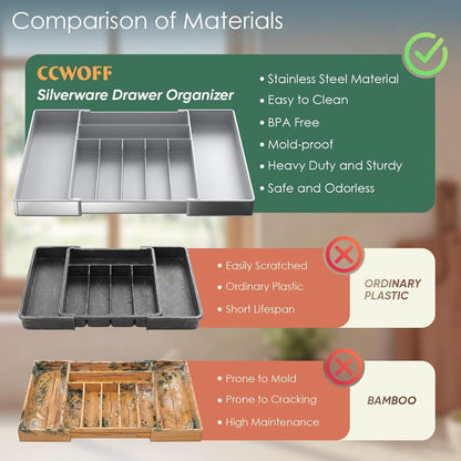 Extra Large Silverware Organizer, 9 Slot Expandable Kitchen Drawer Organizer, Utensil Holder, Heavy Duty Stainless Steel Frame Silverware Drawer Organizer, 8 Non-Slip Feet Included, BPA Free, Black