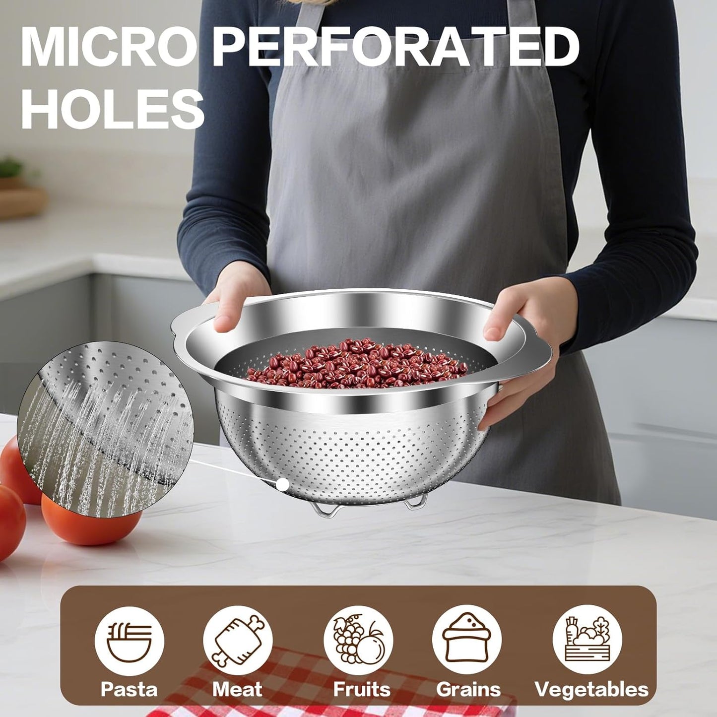 Stainless Steel Strainer with Mixing Bowl, Rice Washer, Colander for Kitchen, Rice Strainer, Fruit and Vegetable Wash, Microporous Colander, Fruit Cleaner Bowl, Dishwasher Safe