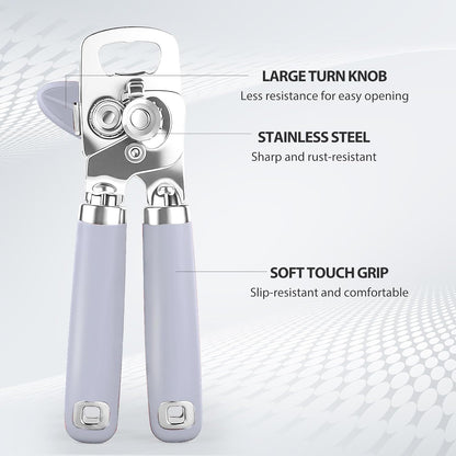 Safring Can Opener Manual, Heavy Duty Stainless Steel Smooth Edge Can Openers With Soft Touch Handle, Oversized Handheld Easy Turn Knob, Multi-Function Bottle Opener, Black