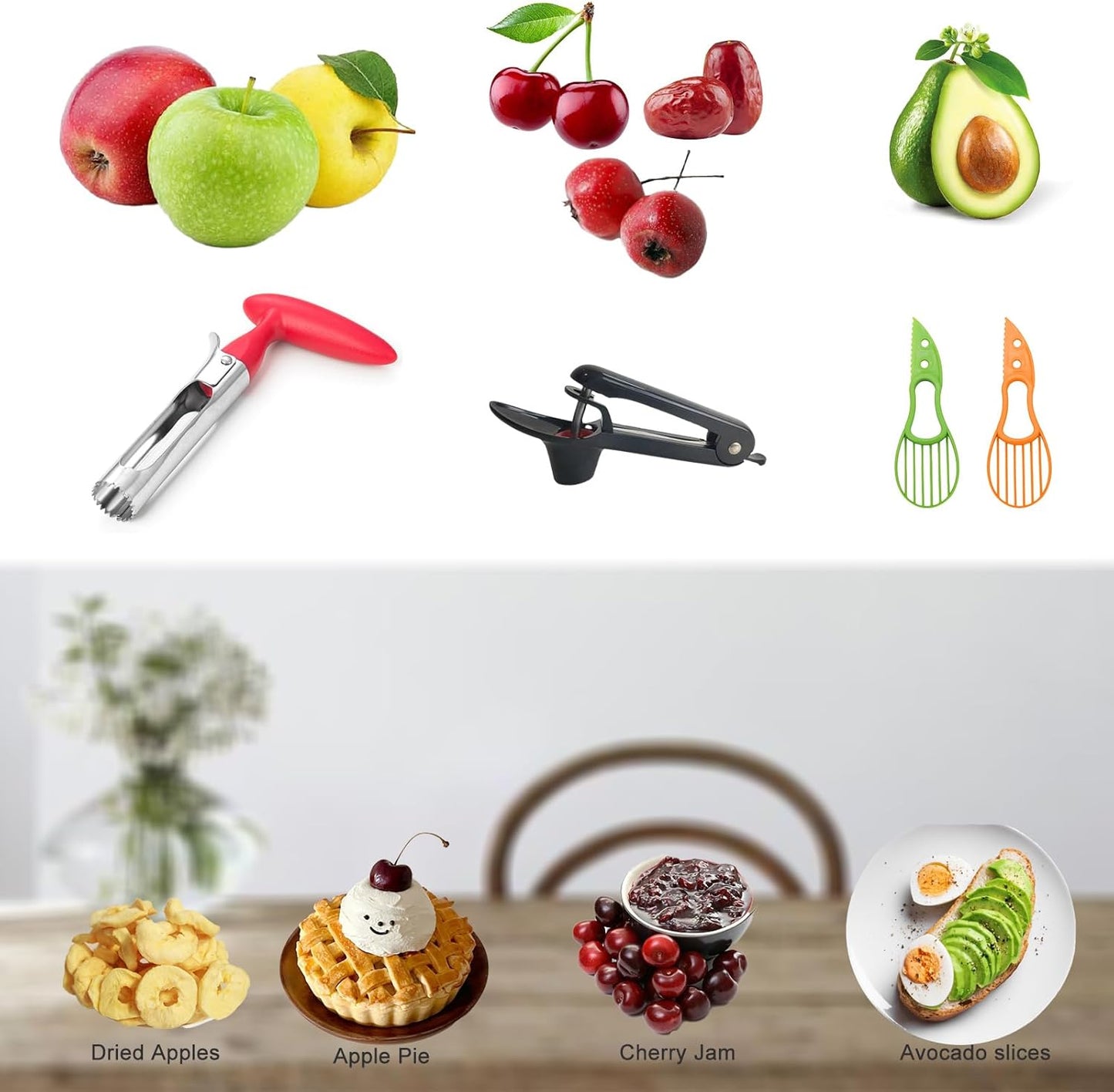 4pcs Fruit Prep Tool Set – Apple Corer & Cherry Pitter (Sturdy & Easy to Use) + Bonus Avocado Slicers – Great for Summer Fruit Season