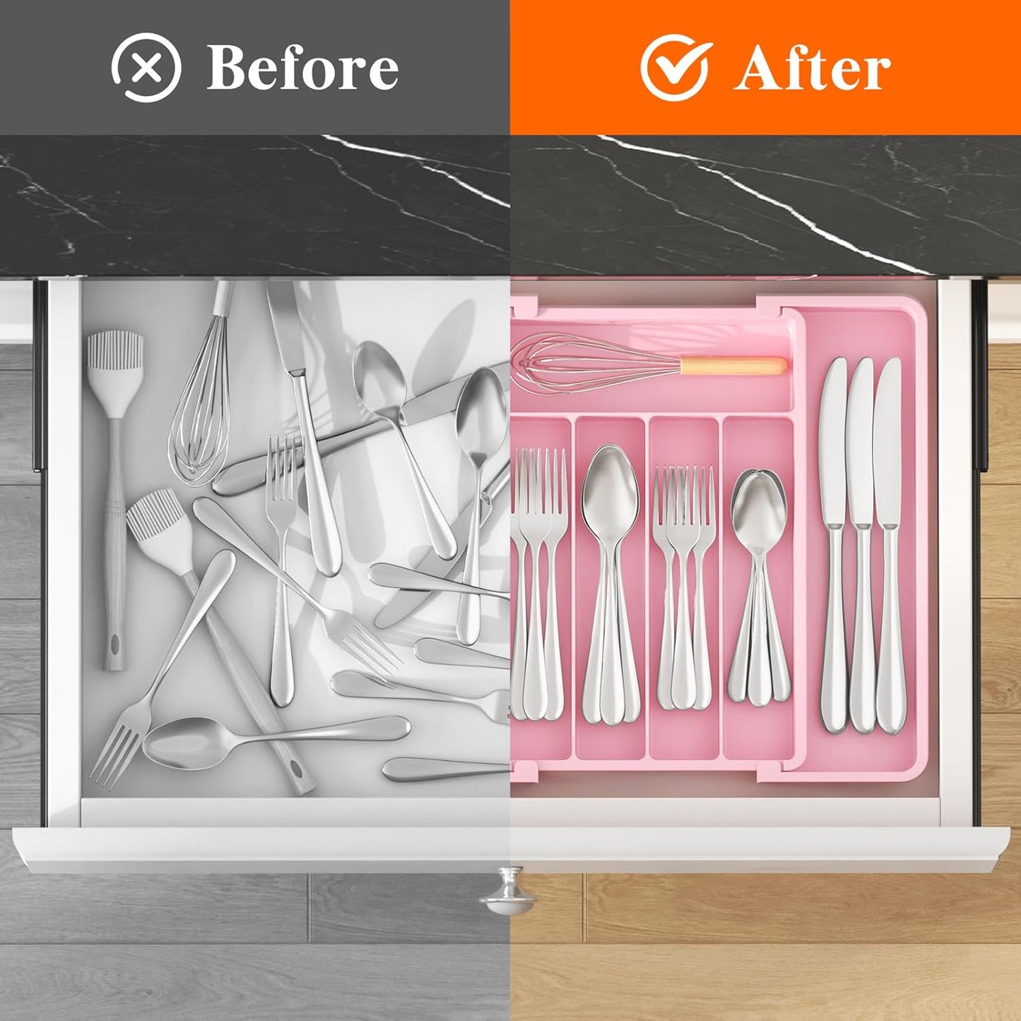 Lifewit Silverware Drawer Organizer, Expandable Utensil Tray for Kitchen, BPA Free Flatware and Cutlery Holder, Adjustable Plastic Storage for Spoons Forks Knives, 11-18 x 14", Black