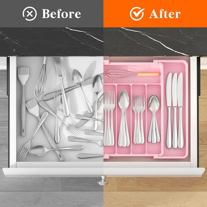 Lifewit Silverware Drawer Organizer, Expandable Utensil Tray for Kitchen, BPA Free Flatware and Cutlery Holder, Adjustable Plastic Storage for Spoons Forks Knives, 11-18 x 14", Black