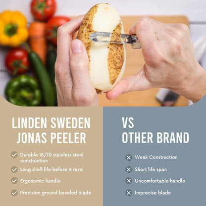 Linden Sweden Original Jonas Vegetable Peeler - Rust Resistant Silver Carrot and Potato Peeler with Ergonomic Handle for Safety and Control - Dishwasher Safe and Compact - Made In Sweden - 6.5in