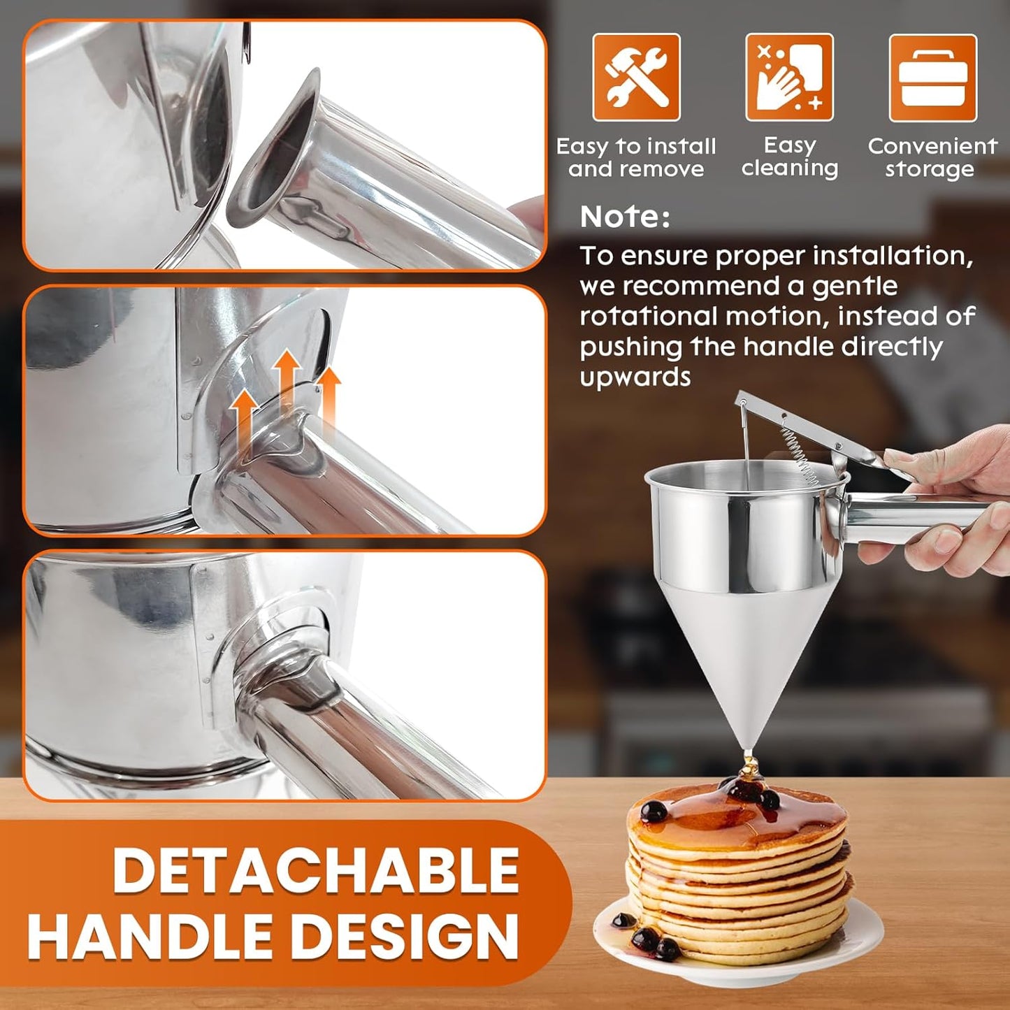 1200ML/40OZ Stainless Steel Pancake Batter Dispenser, Piston Funnel Dispenser with Stand Detachable Handle for Takoyaki Baking Cake Desserts with 4PCS Nozzles